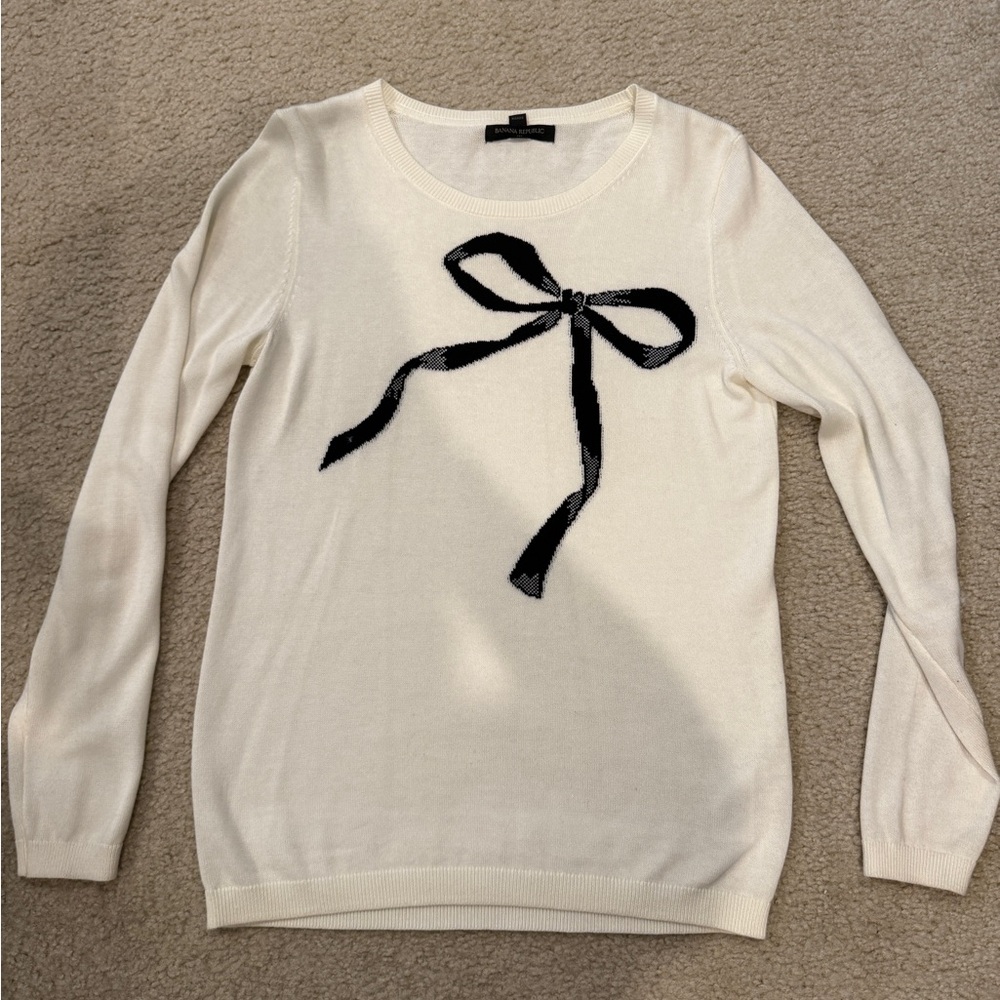 Banana Republic Ivory Crewneck Sweater with Black Bow